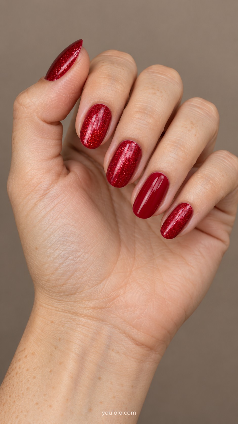 Simple Christmas Nails — Ruby Shimmer with a Plain Accent