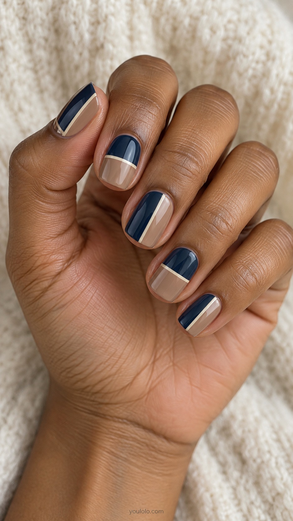 Navy Tan Color Blocks — short soft square navy and tan rectangular color blocks separated by thin ivory line