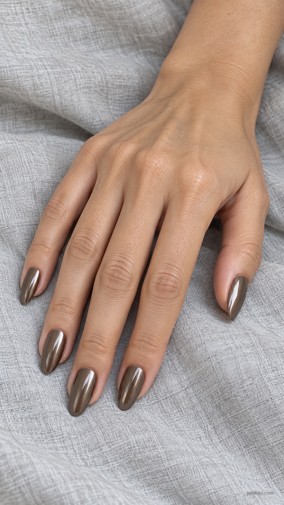 Smoked Taupe Chrome — medium almond smoky cool taupe brown metallic chrome smooth surface