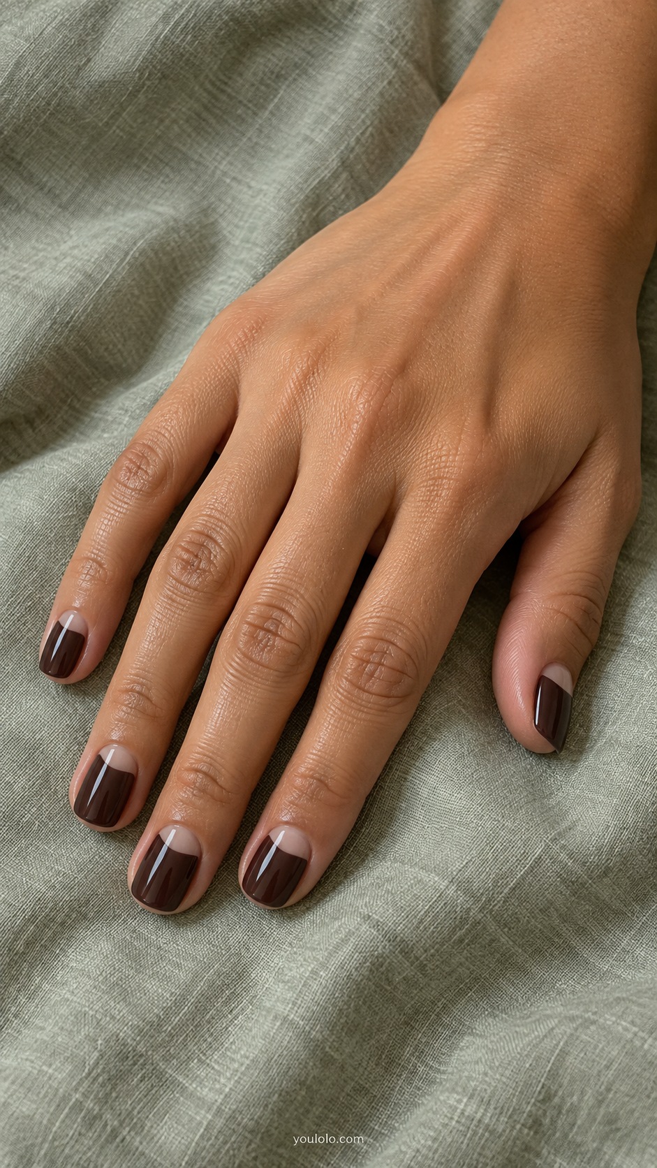 Dark Cocoa Half Moon — short squoval dark cocoa nails sheer nude half moons