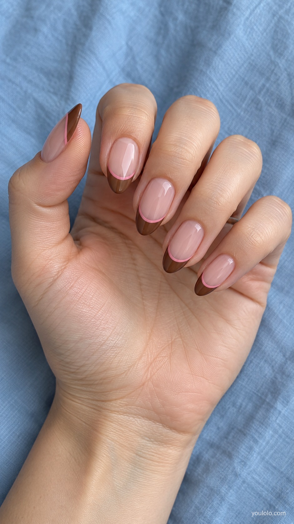 Blush Brown Double French — medium almond nude blush base medium brown French tips separate thin rose pink curve beneath