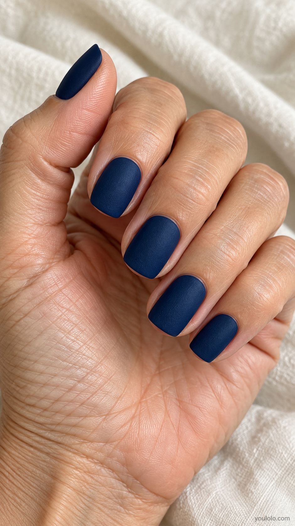 Medium rounded square nails deep indigo blue velvety matte finish no magnetic effect