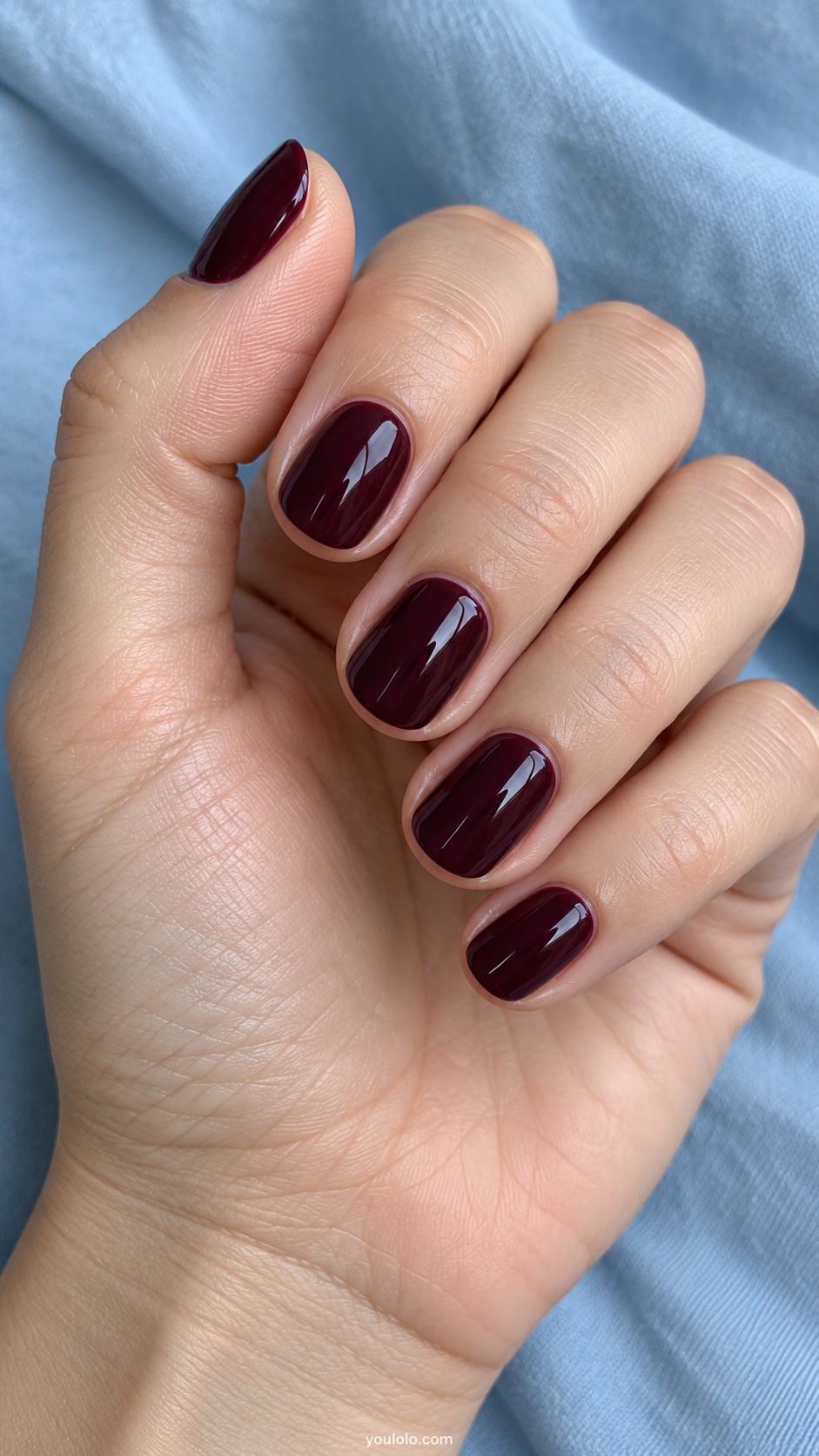 Short round nails extremely deep red leaning blackcurrant purple gloss