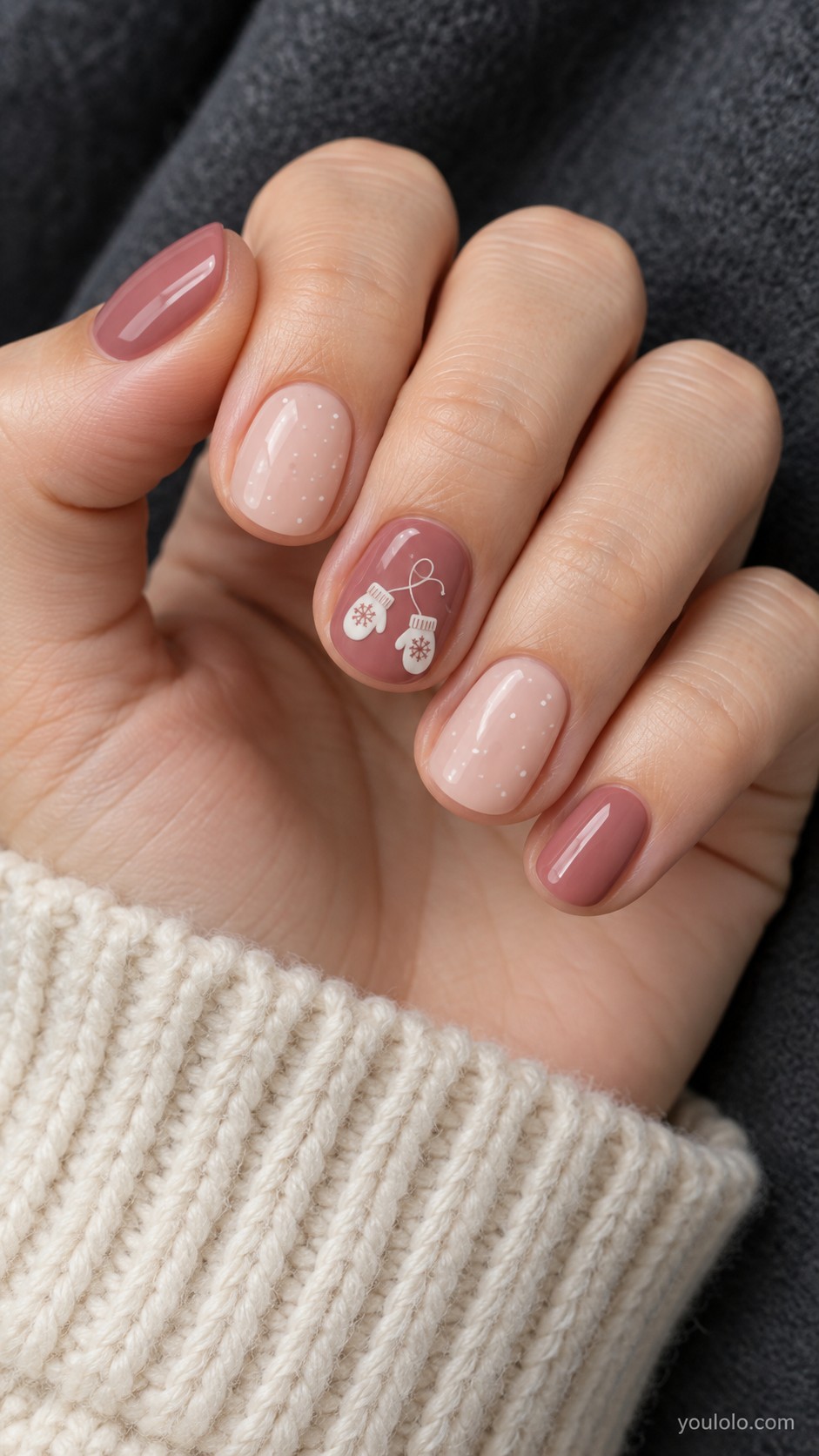 pink Christmas nails — Rose with Tiny White Mittens