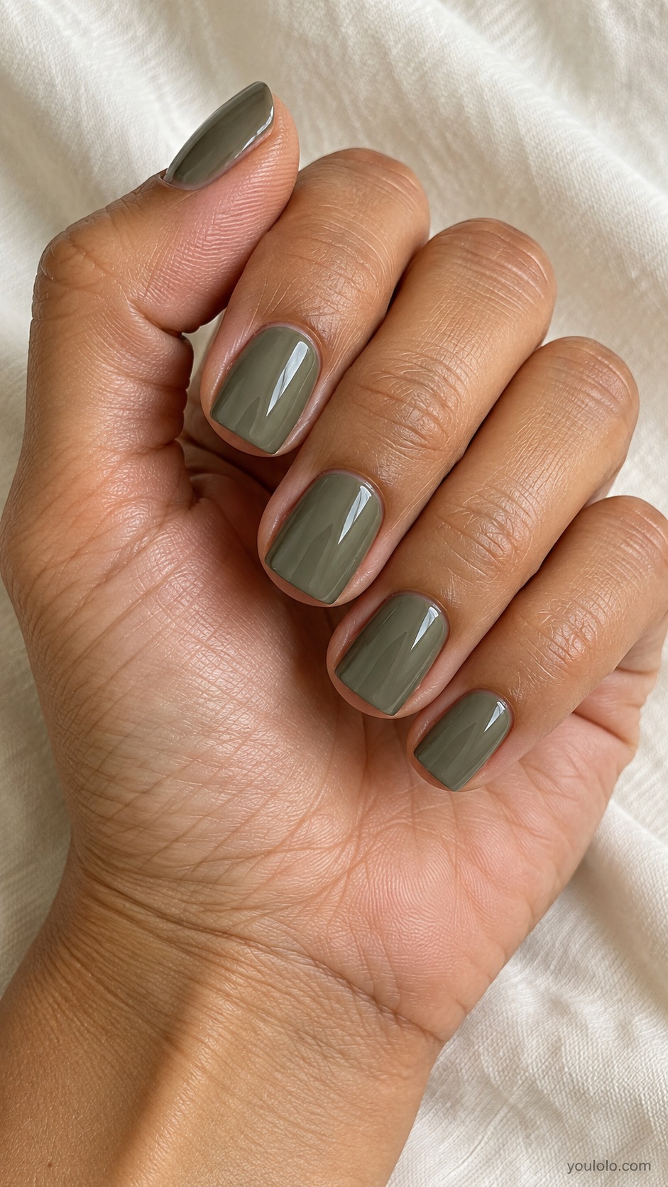 Short squoval nails gray green khaki cream gloss