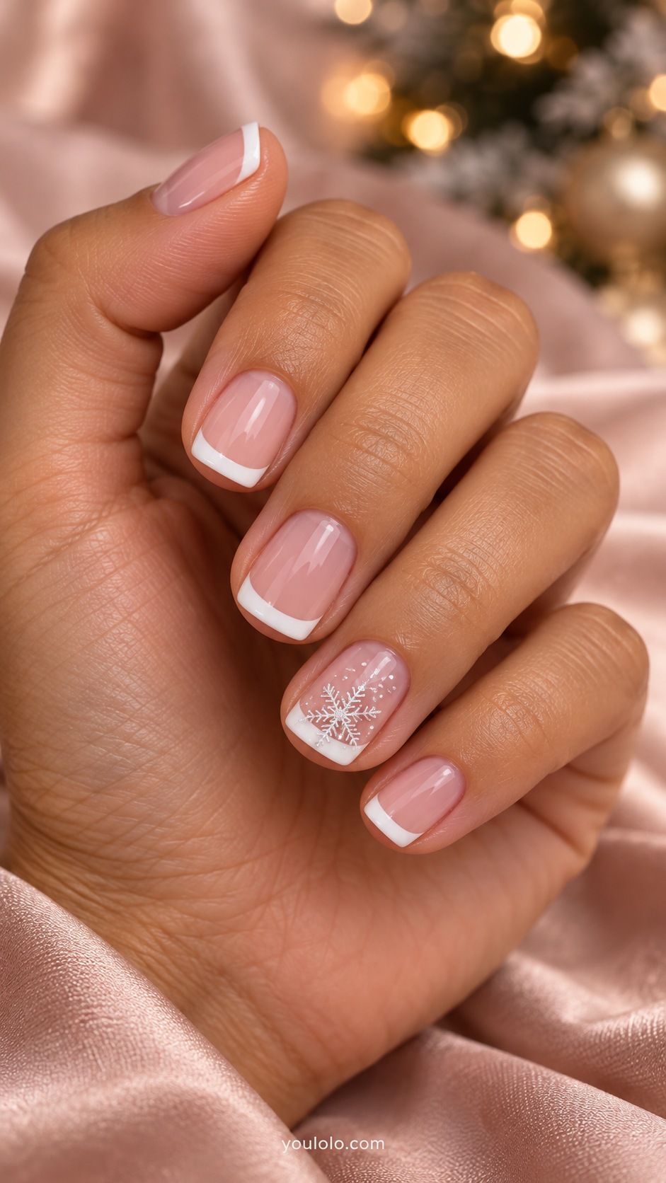 Short squoval sheer pink nails white french tips one white snowflake extending above ring nail tip