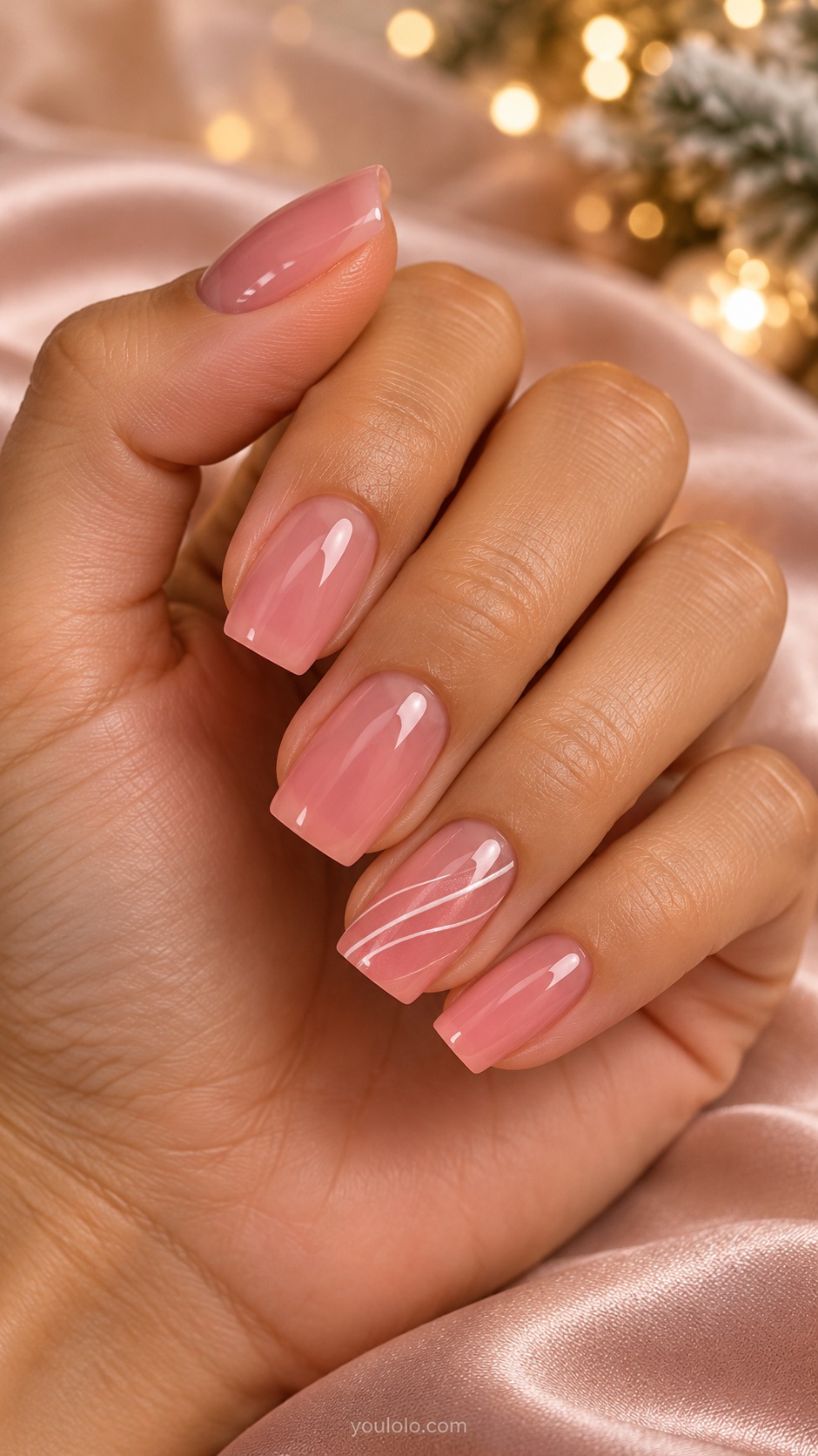 Medium square translucent candy pink glossy nails one ring nail fine white pinstripes