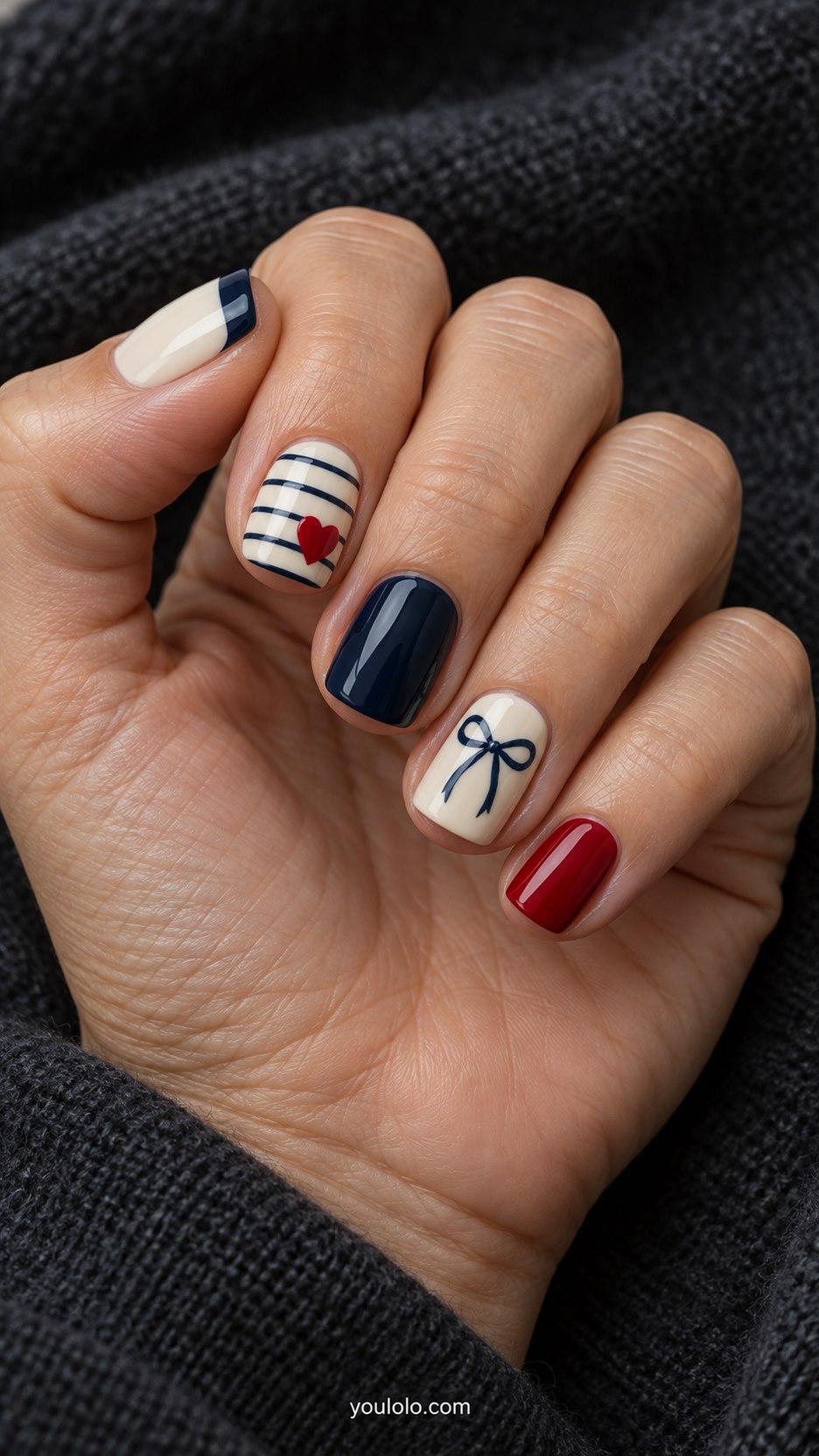 Navy Nautical Details: short square cream navy red: fine stripe, single red heart, navy tip, plain cream, tiny painted navy knot