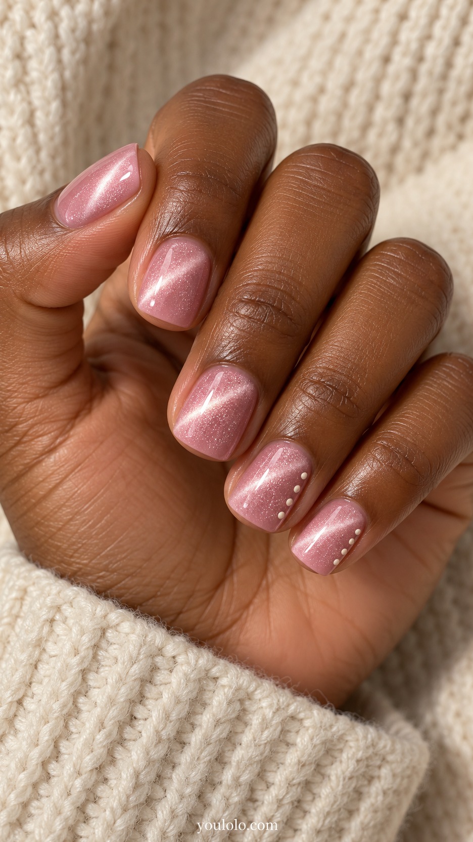 Pink Cat Eye Nails: short square soft pink magnetic nails three tiny ivory dots along outer side on two accents