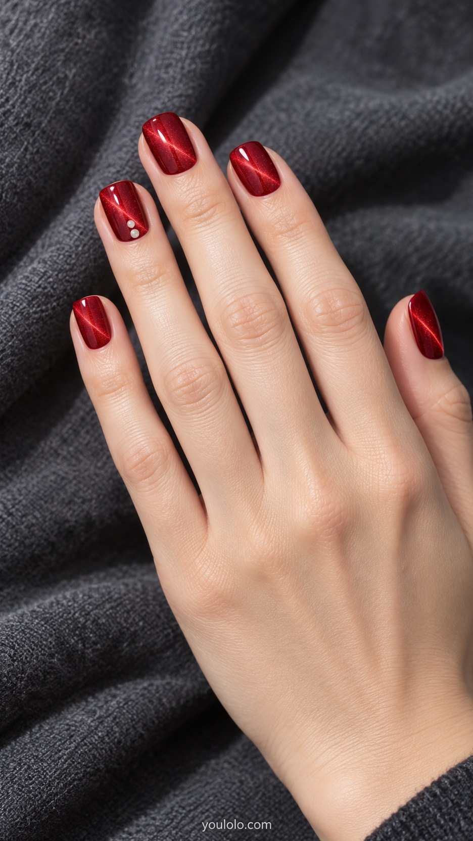 Short Red Cat Eye Nails: short square classic red magnetic nails two tiny cream dots at ring nail base