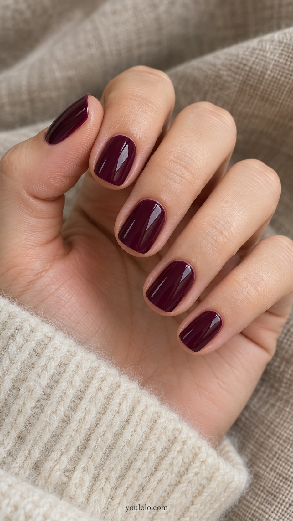Short Press-On Nails: Plum Gloss manicure on a naturally posed hand