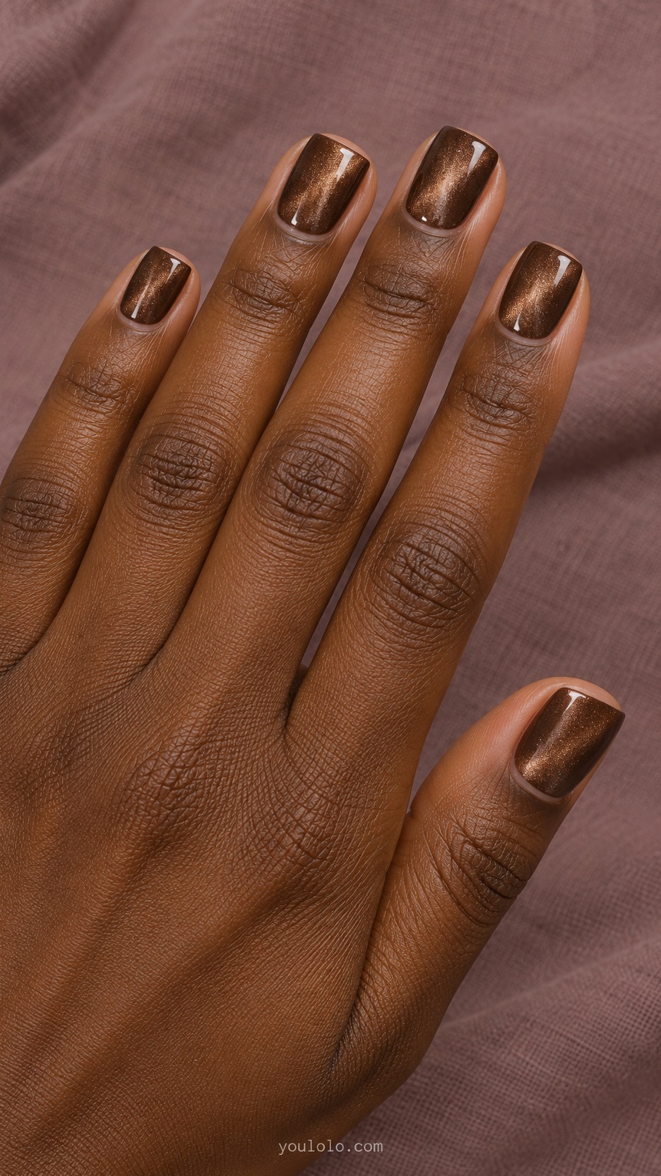 Short Square Nail Designs: Mocha Velvet Square manicure on a naturally posed hand