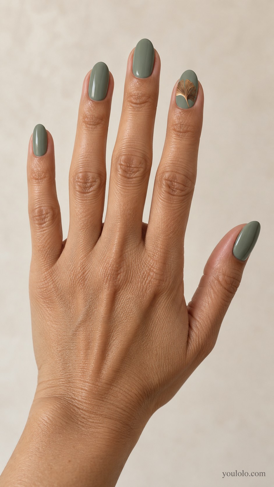 autumn nails — Sage with a Bronze Ginkgo Leaf