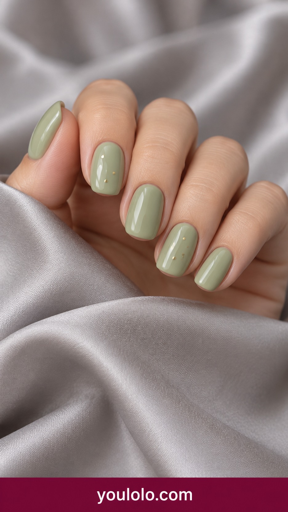 Short squoval pale pistachio nails with sparse tiny flat gold dots on two accents on a naturally curled young adult hand