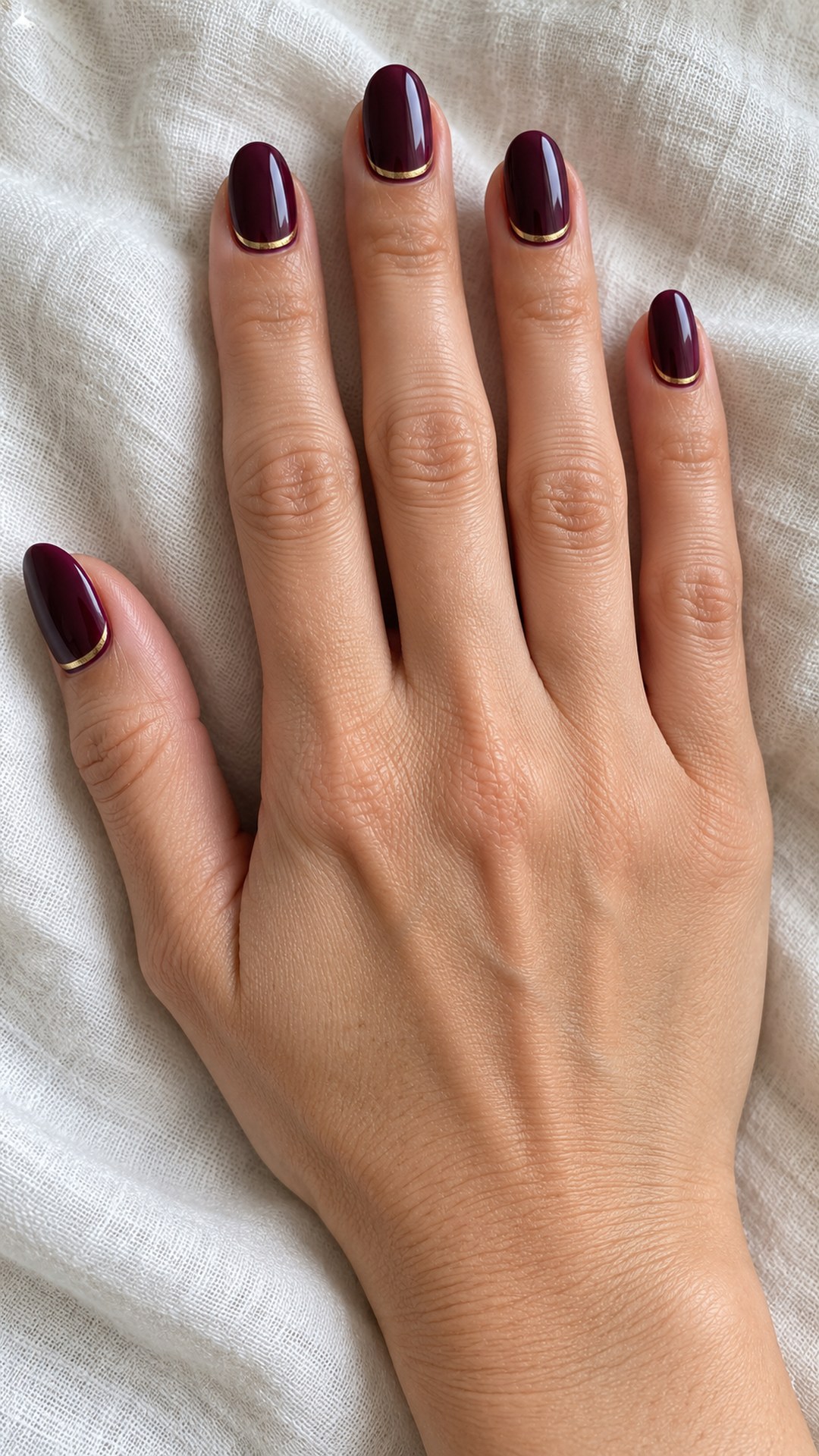 dark purple nails — Aubergine with a Gold Cuticle Arc