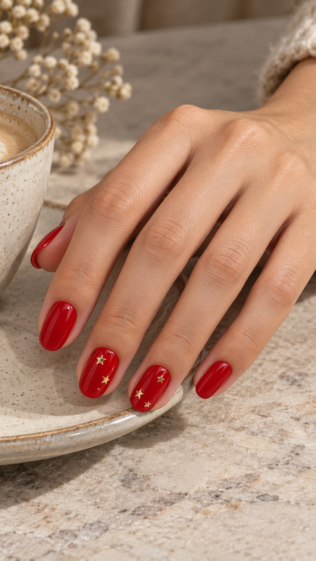 red and gold nails — Red with Tiny Gold Stars