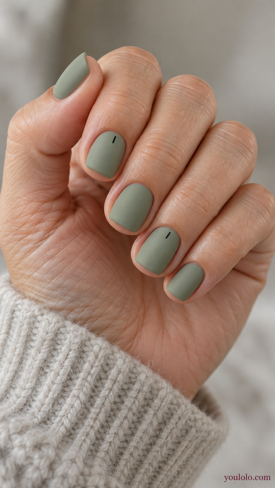 Sage with Tiny Black Dashes on a softly gathered feminine hand with a matte green manicure