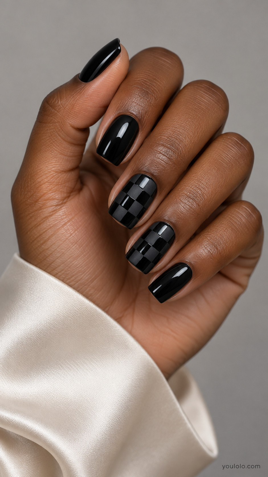 Black square nails with matte and glossy checkerboard accents
