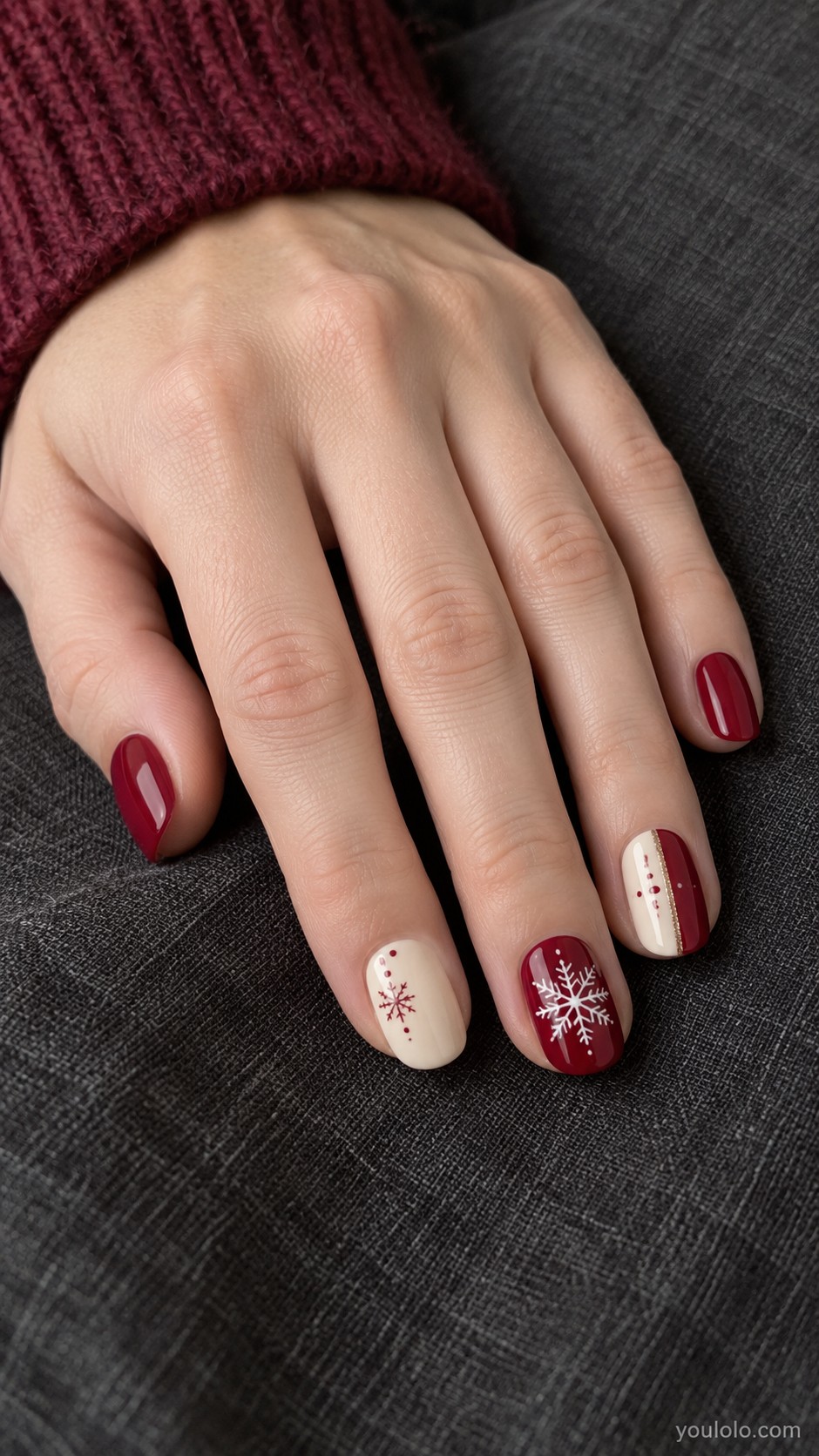 Christmas nails — Cream and Cranberry Snowflakes