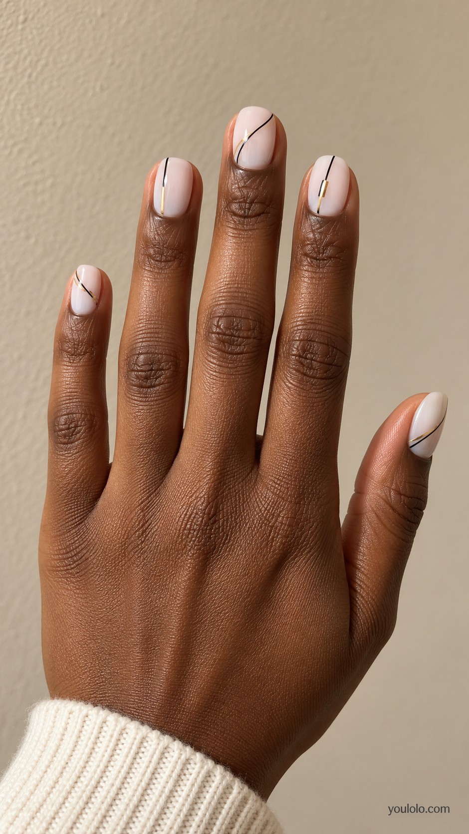 New Year nails — White with Black and Gold Lines