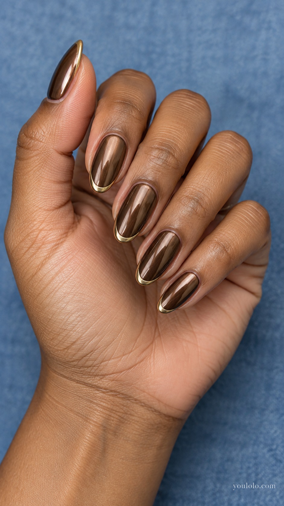 Gold Rimmed Brown Chrome — medium oval medium brown mirror chrome with one thin gold French rim