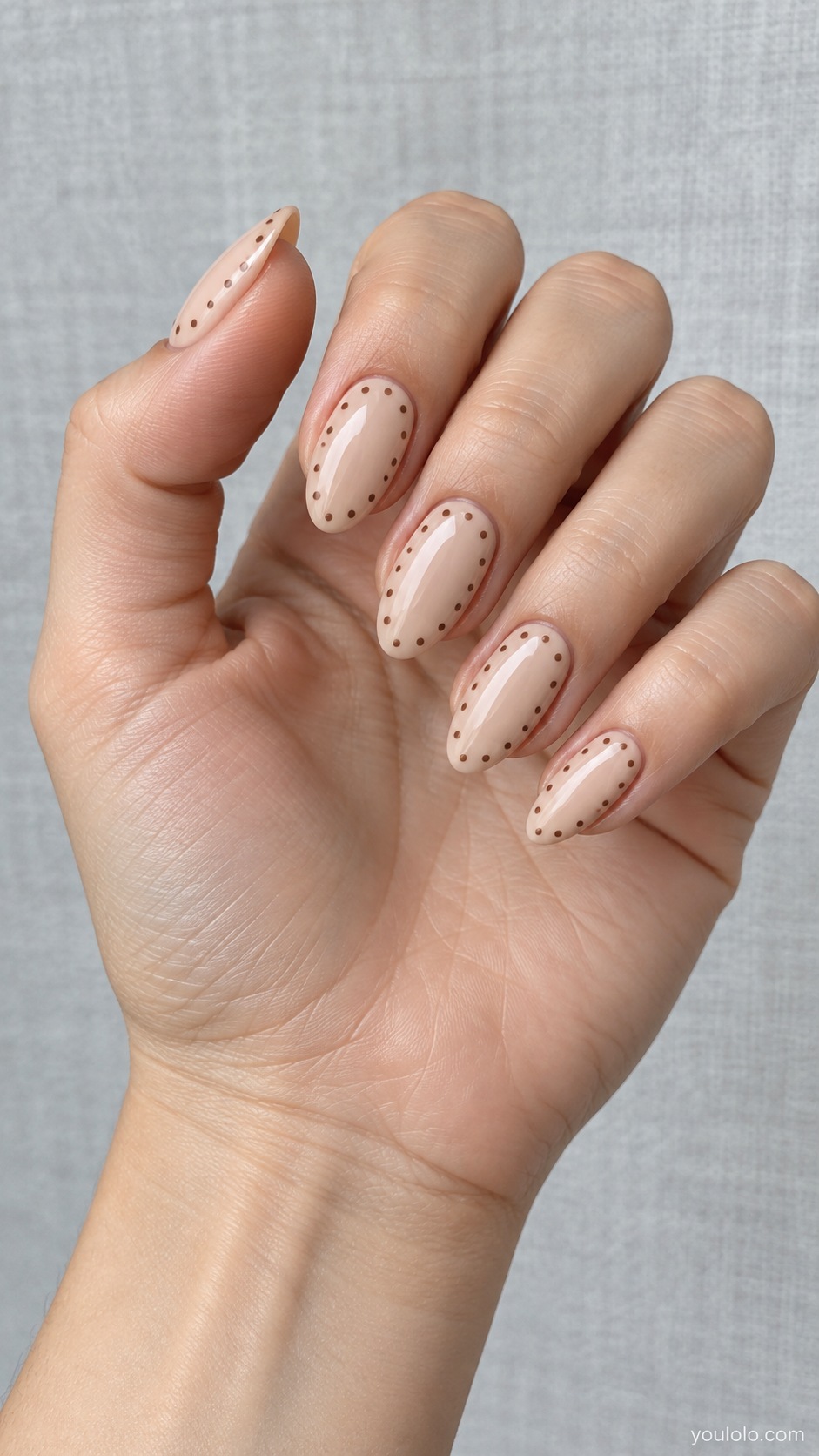 Mocha Dot Border — medium almond nude beige base small mocha polka dots tracing perimeter leaving center blank