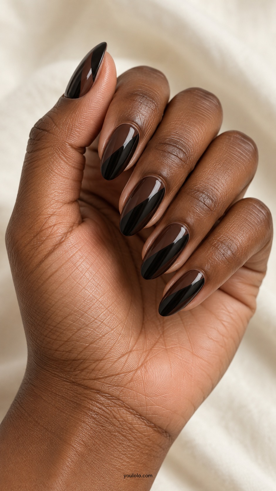 Chocolate Black Split — medium almond diagonal dark chocolate and black cream panels subtle contrast