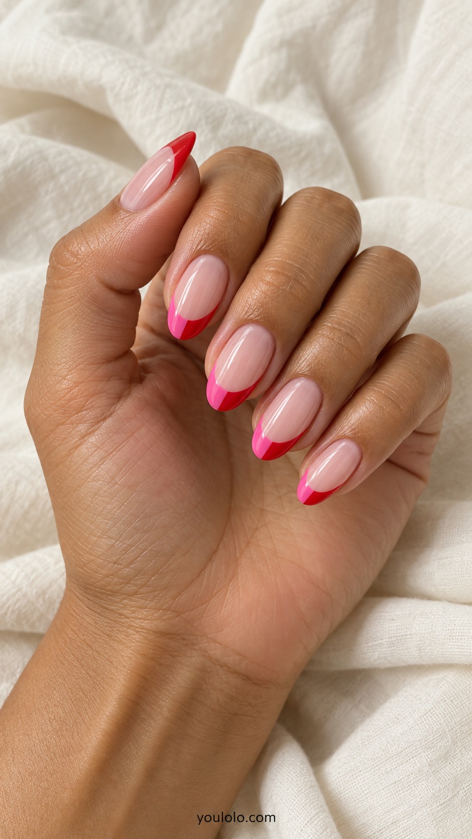 Medium oval acrylic nails sheer blush base French tips half bright pink half cherry red
