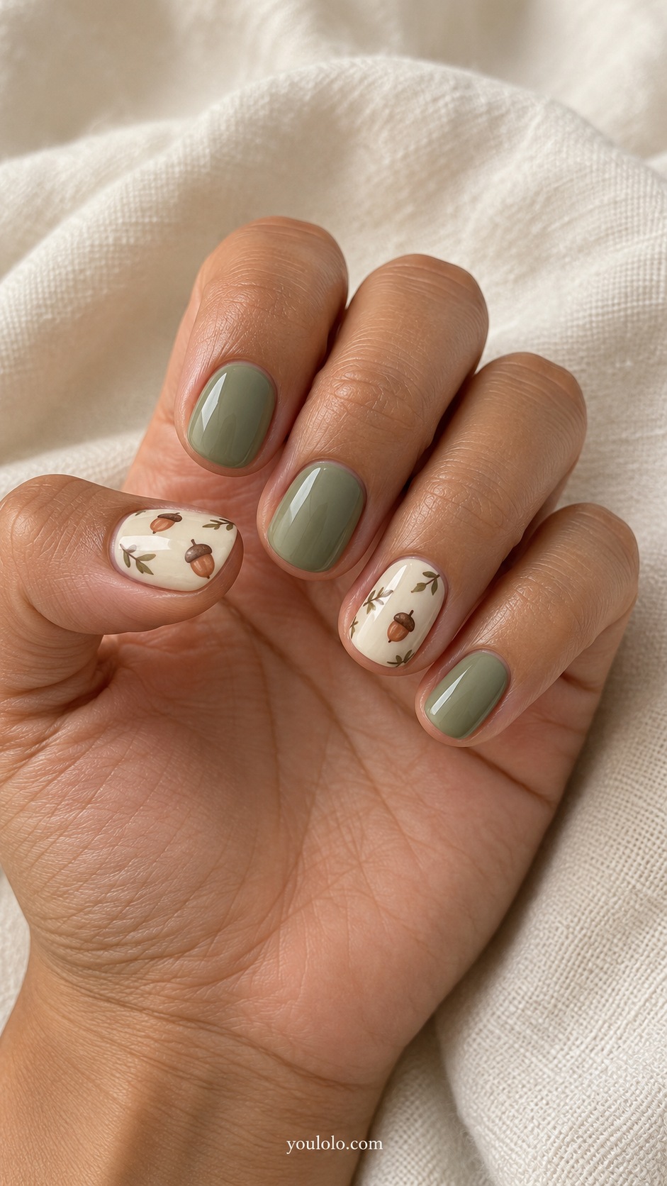 Short round nails sage green three nails ivory thumb and ring accents with tiny flat brown acorns and olive sprigs