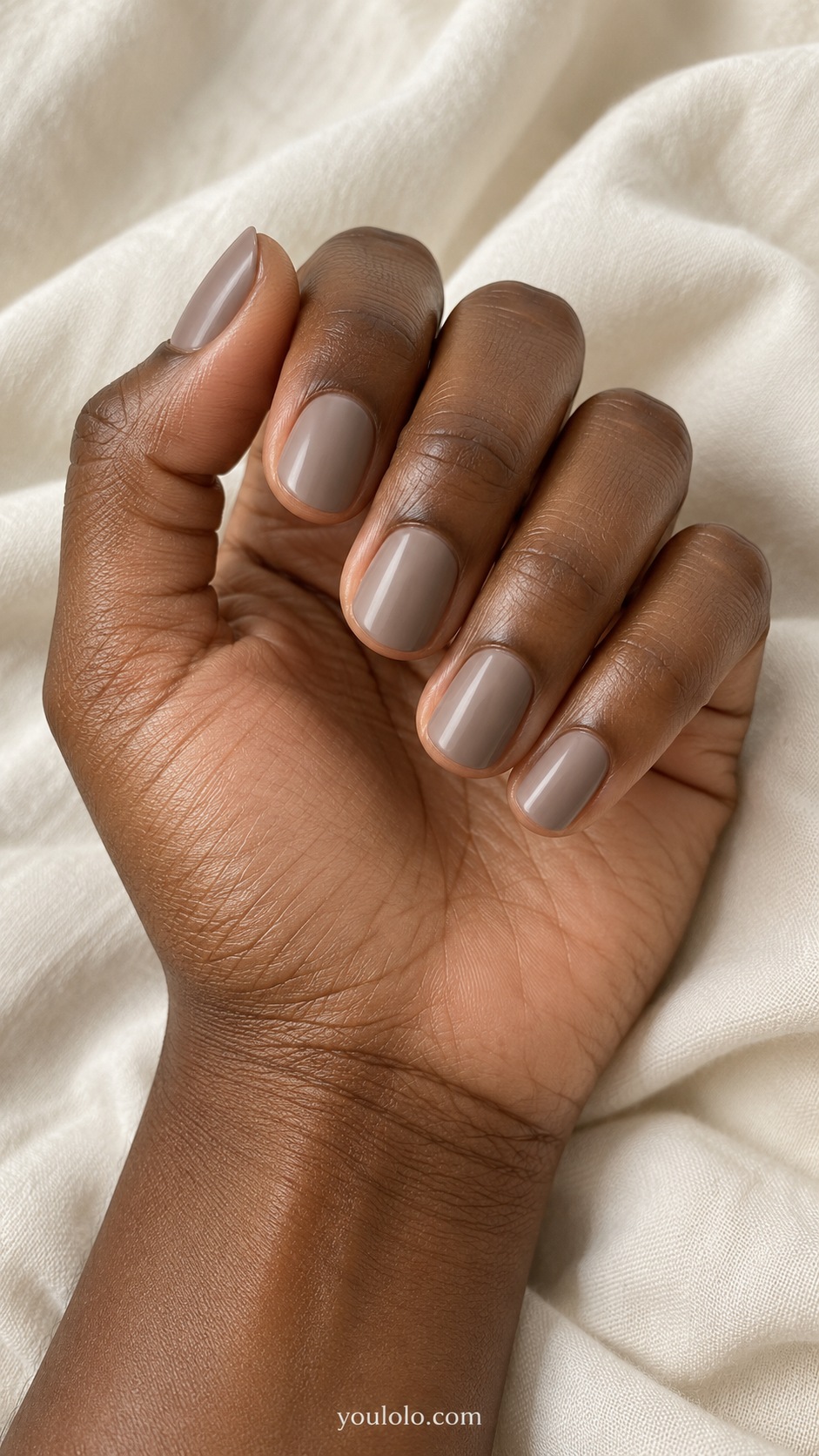 Short round nails solid mushroom taupe satin no nail art