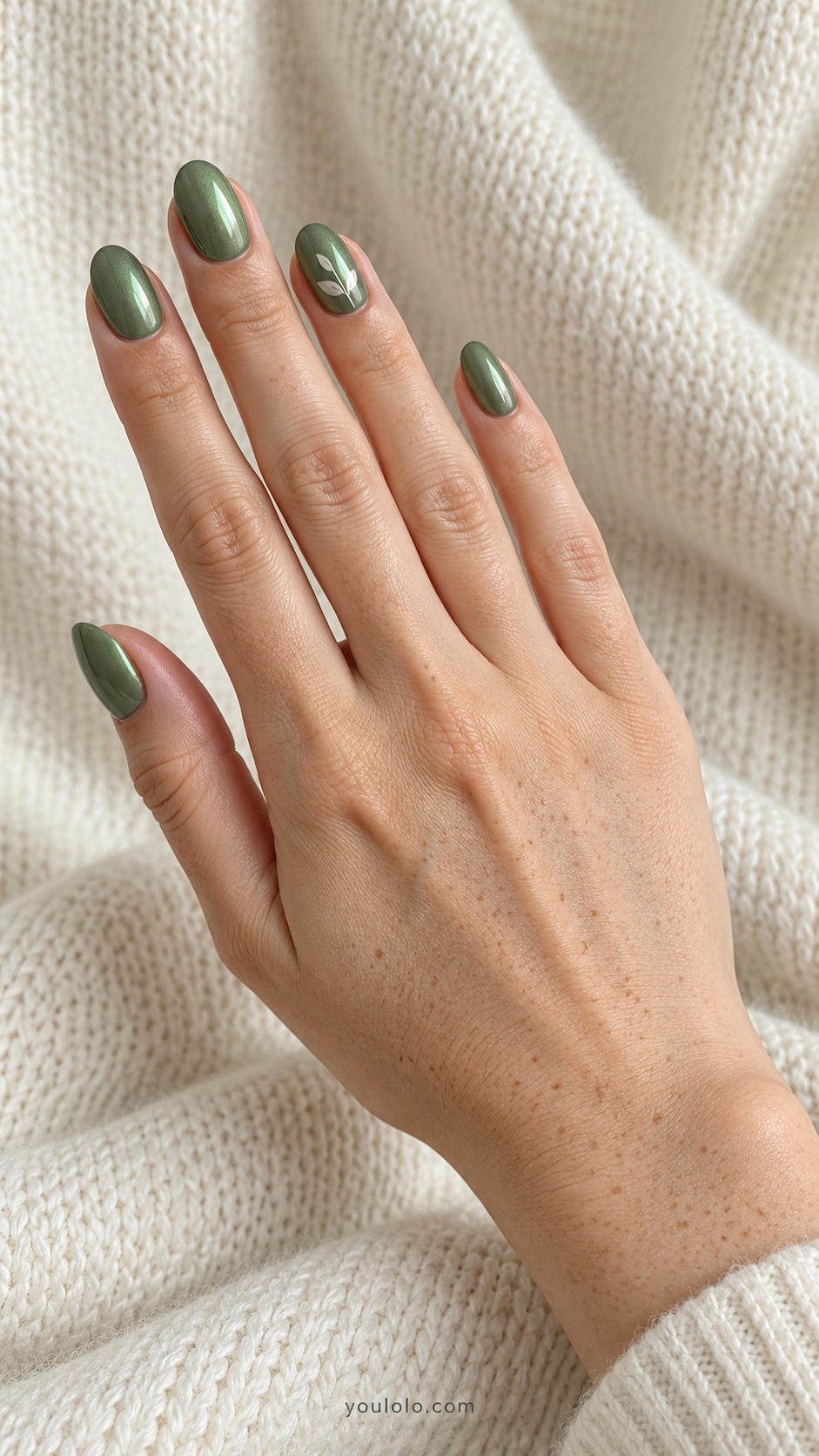 Medium oval moss green pearl nails one accent nail tiny flat ivory twig with two narrow leaves, other nails plain