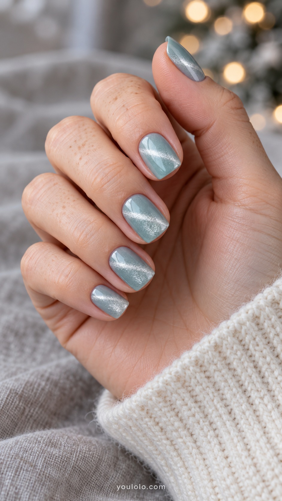 Short square pale aqua magnetic nails narrow diagonal silvery light band
