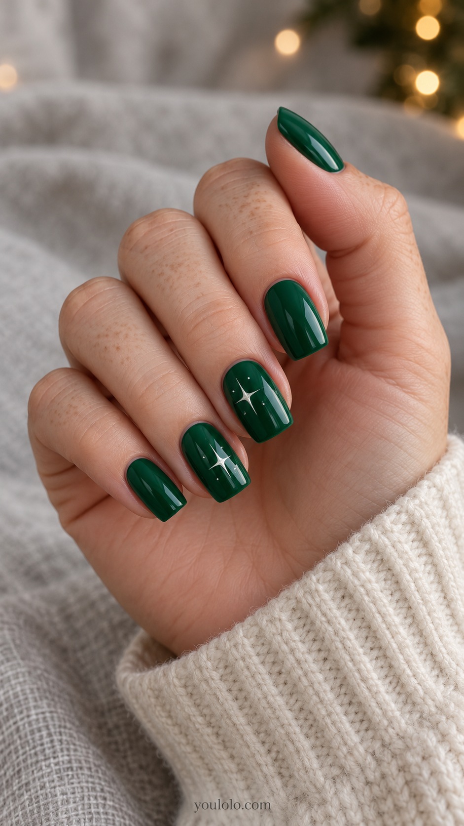 Medium square emerald nails small painted white four point stars on two nails