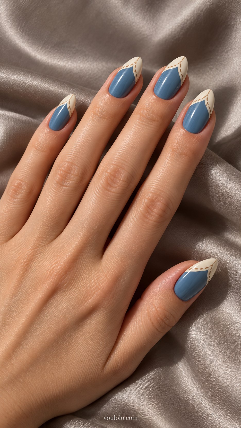 Western Denim Yokes: medium almond blue nails, pointed cream western-shirt yoke line across nail tips with fine tan stitches