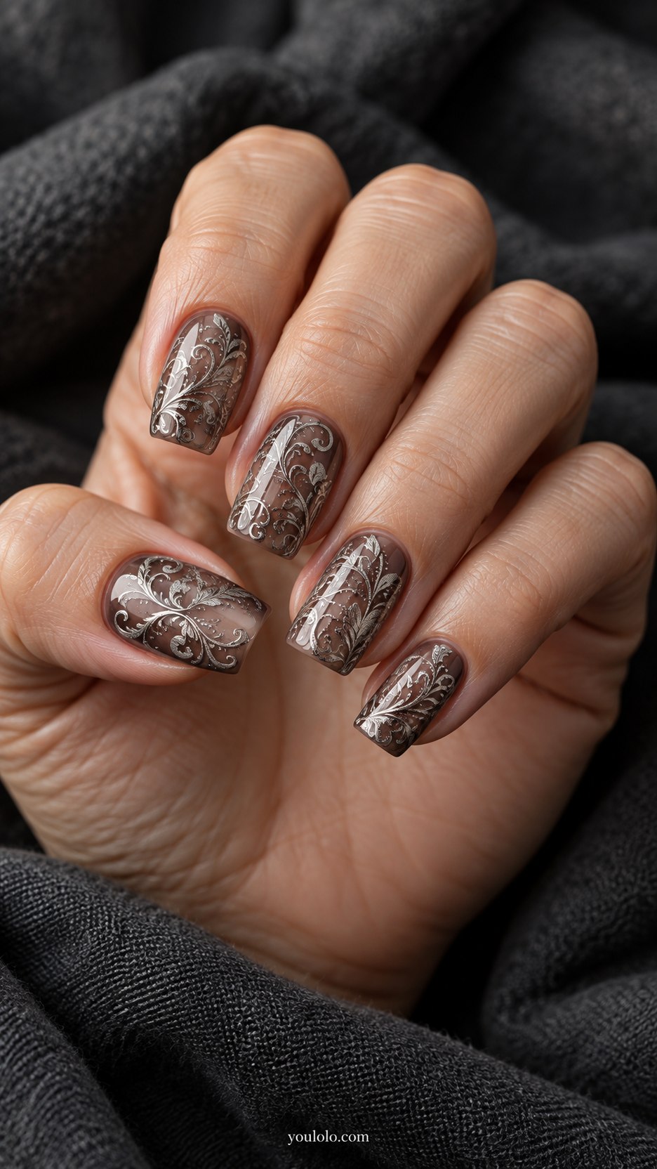 Silver Evening Lace: medium square smoky sheer nails, fine metallic silver lace arabesques with clear spaces