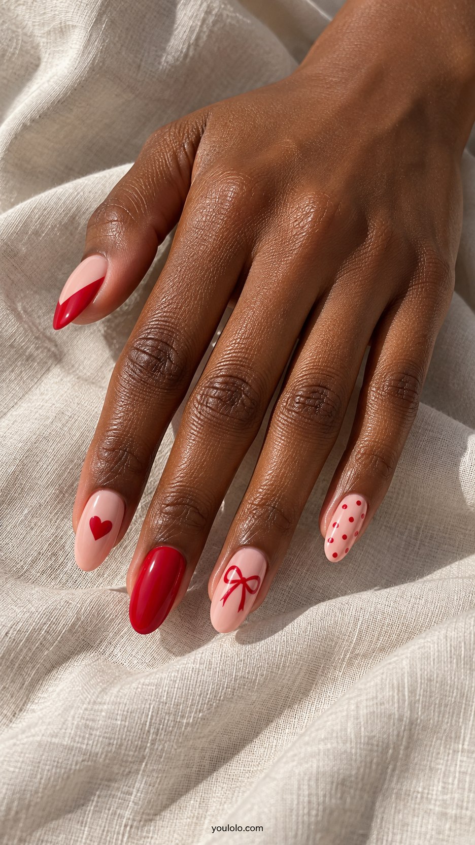 Pink-and-Red Love Notes: medium almond red pink nude palette: bow, small heart, color block, plain red, pink micro dots