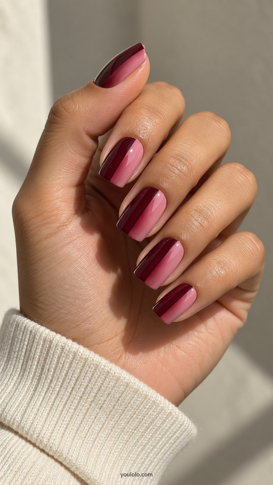 Split-Mirror Ombre: medium square nails, rose to burgundy gradient split down center with reversed tones each half