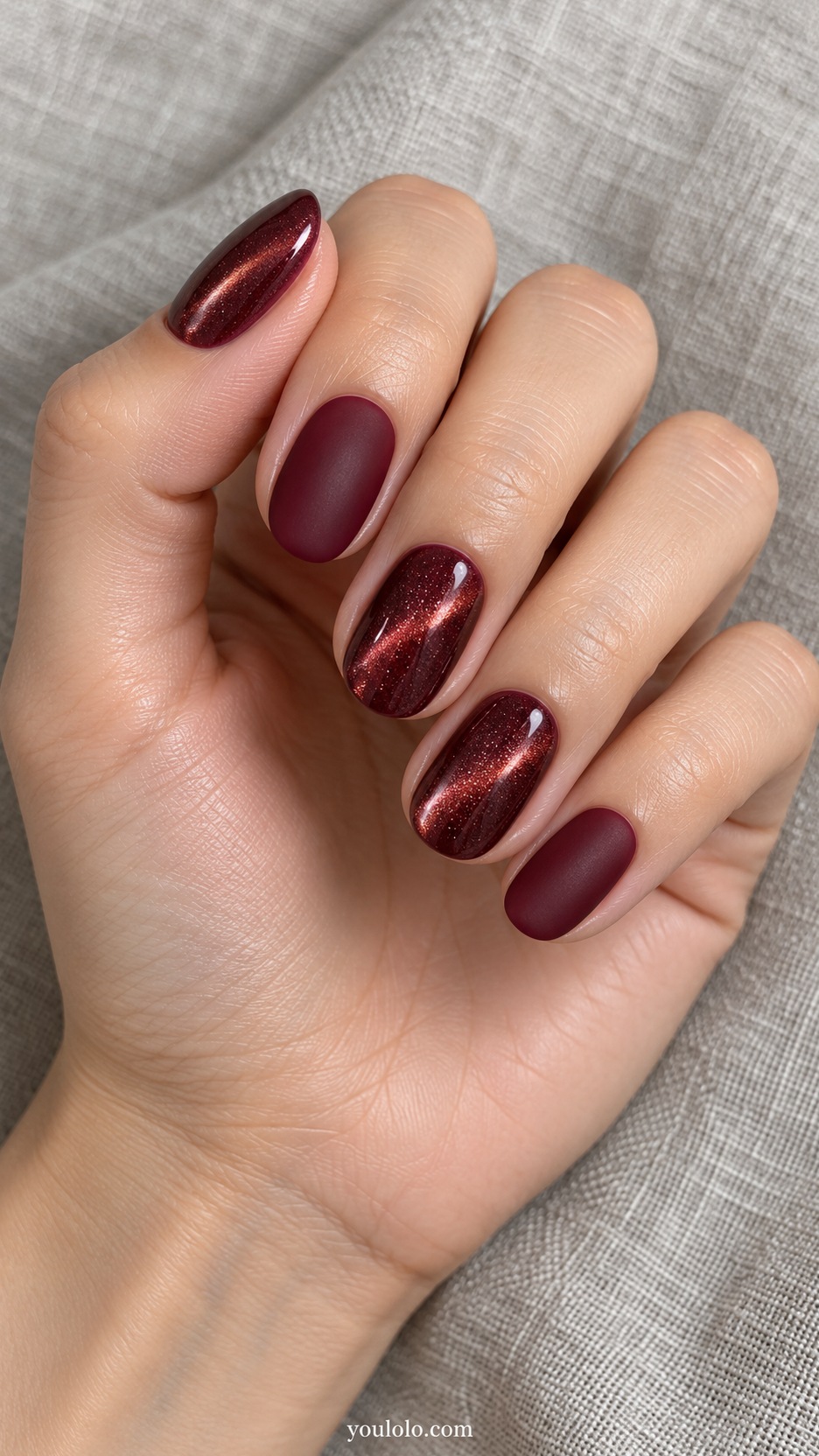 Short Red Cat Eye Nails: short oval wine red matte index little and wine magnetic thumb middle ring