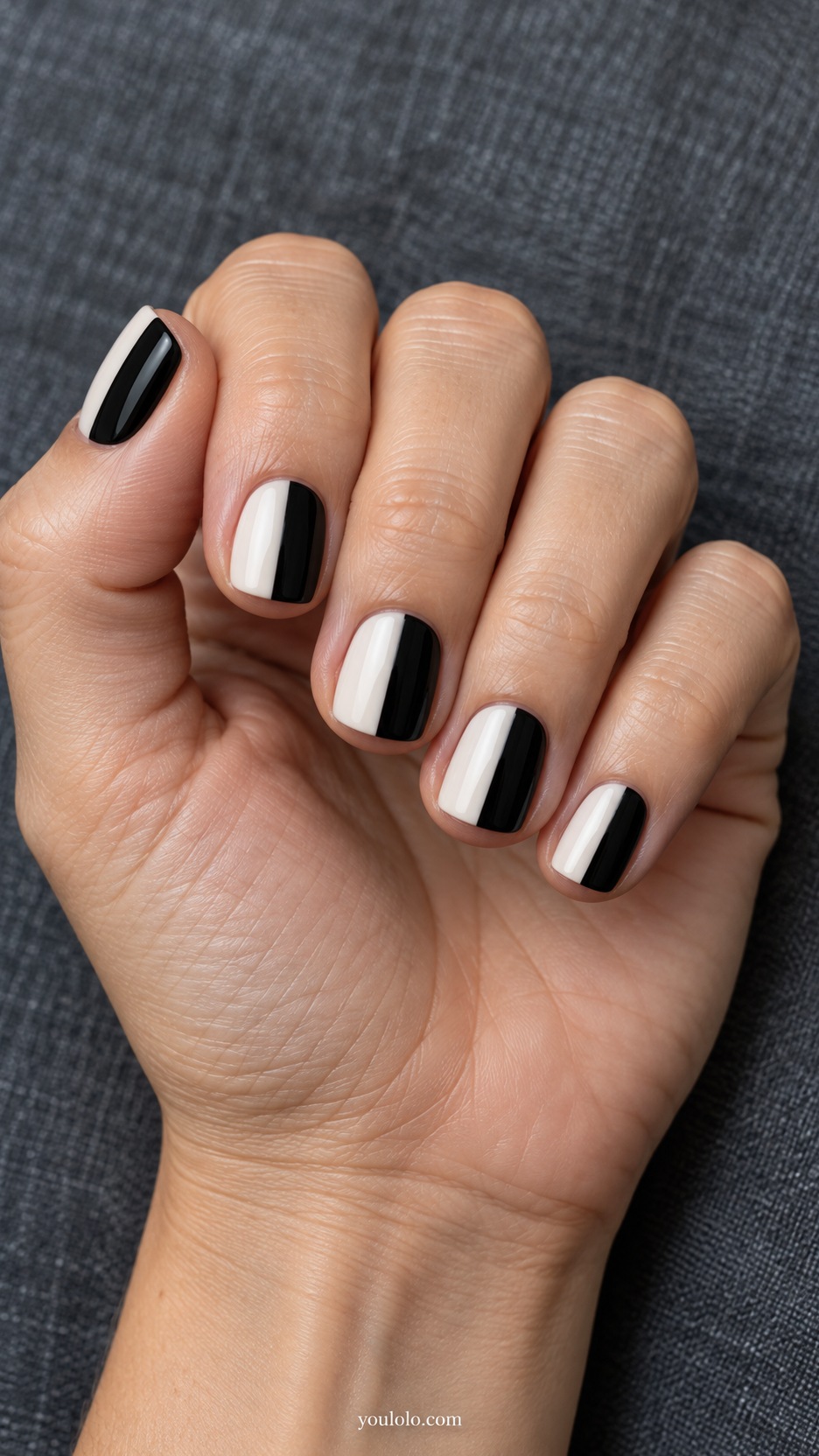 Short Square Nail Designs: Black and Milk Split manicure on a naturally posed hand