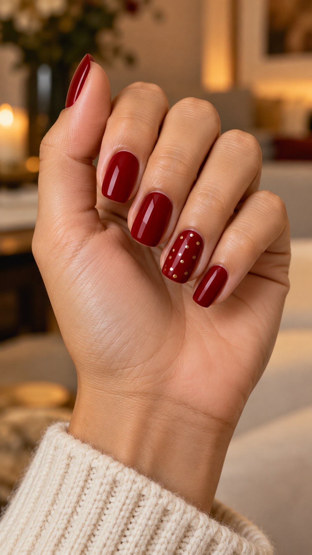 red and gold nails — Gold Dots on Cherry Red