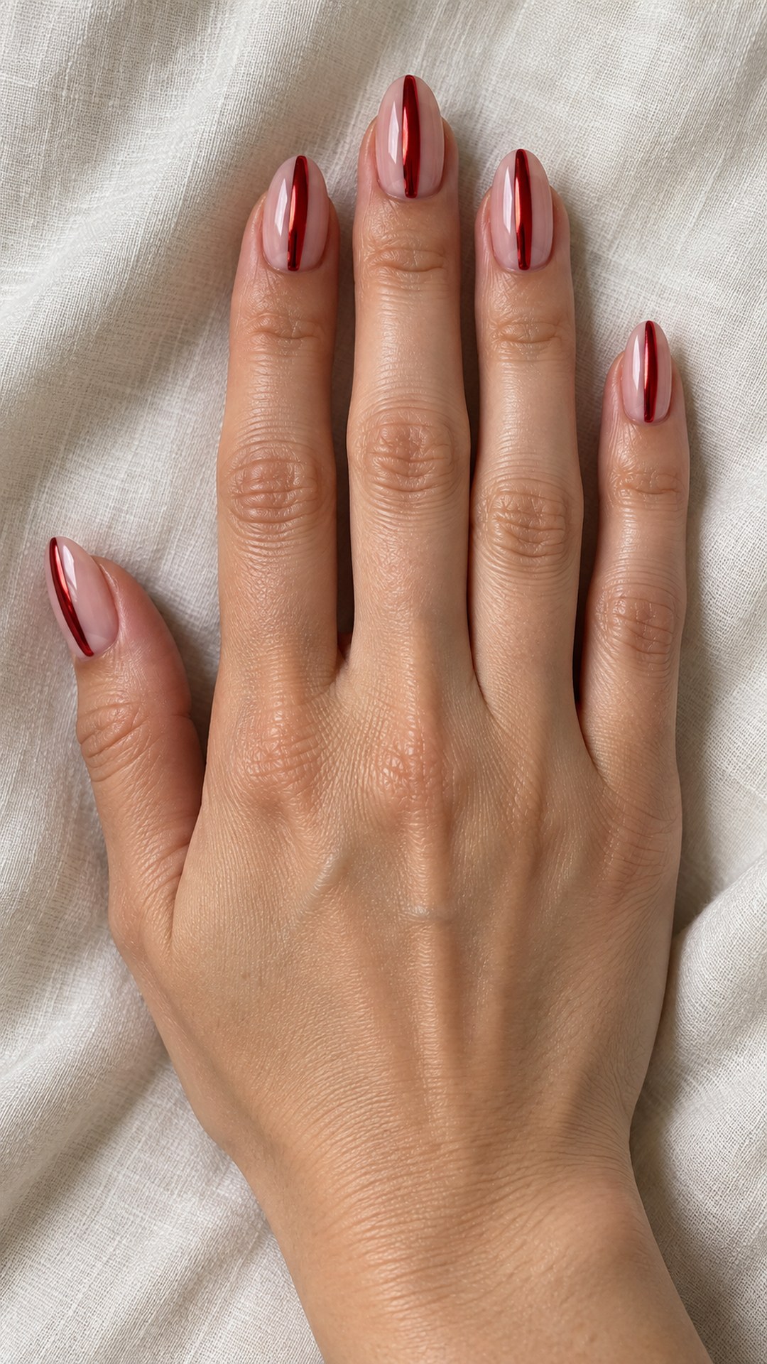 red chrome nails — Negative-Space Chrome Stripe