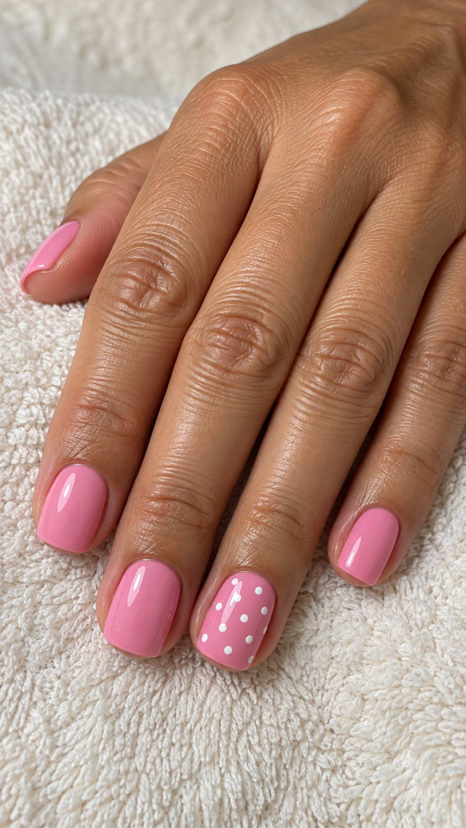 Pink with White Polka Dots: Short bubblegum pink nails with small white dots on the ring nail on a naturally posed adult hand
