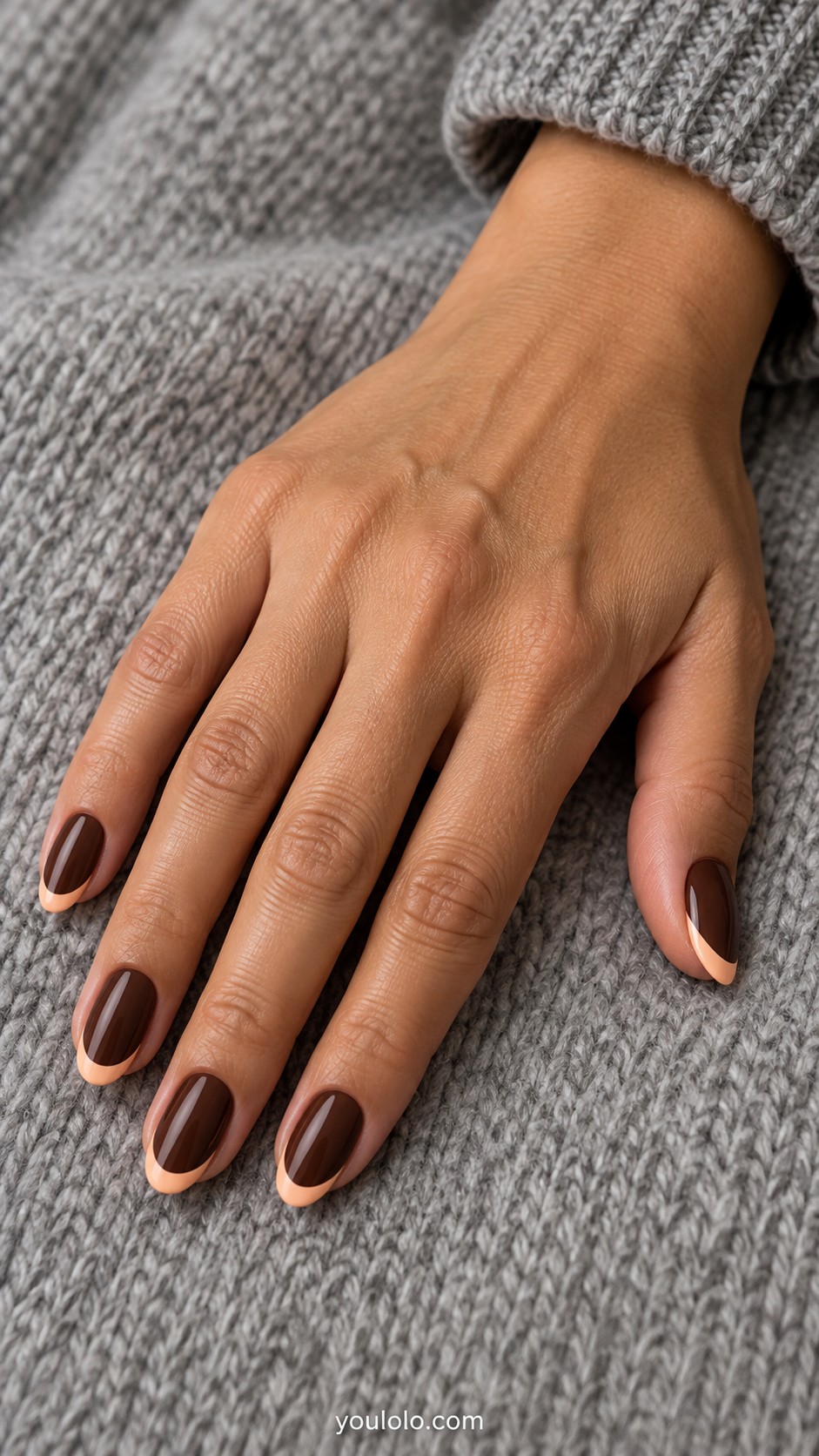 October Nails — Cocoa with a Pale Peach Crescent Tip