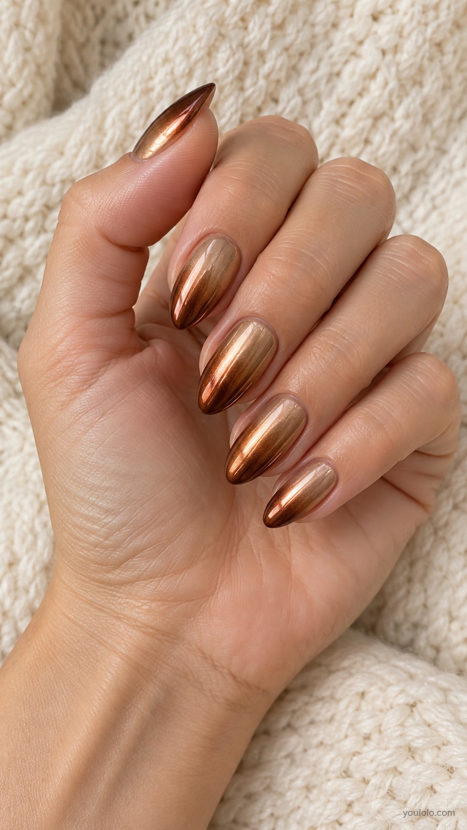 Copper Ombre Chrome — medium almond chrome gradient from light warm bronze at base to deep copper tips