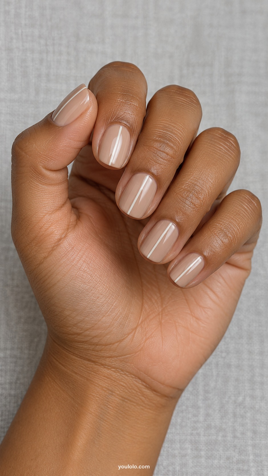 Latte Pinstripe — short squoval latte cream nails one fine ivory vertical line on each nail