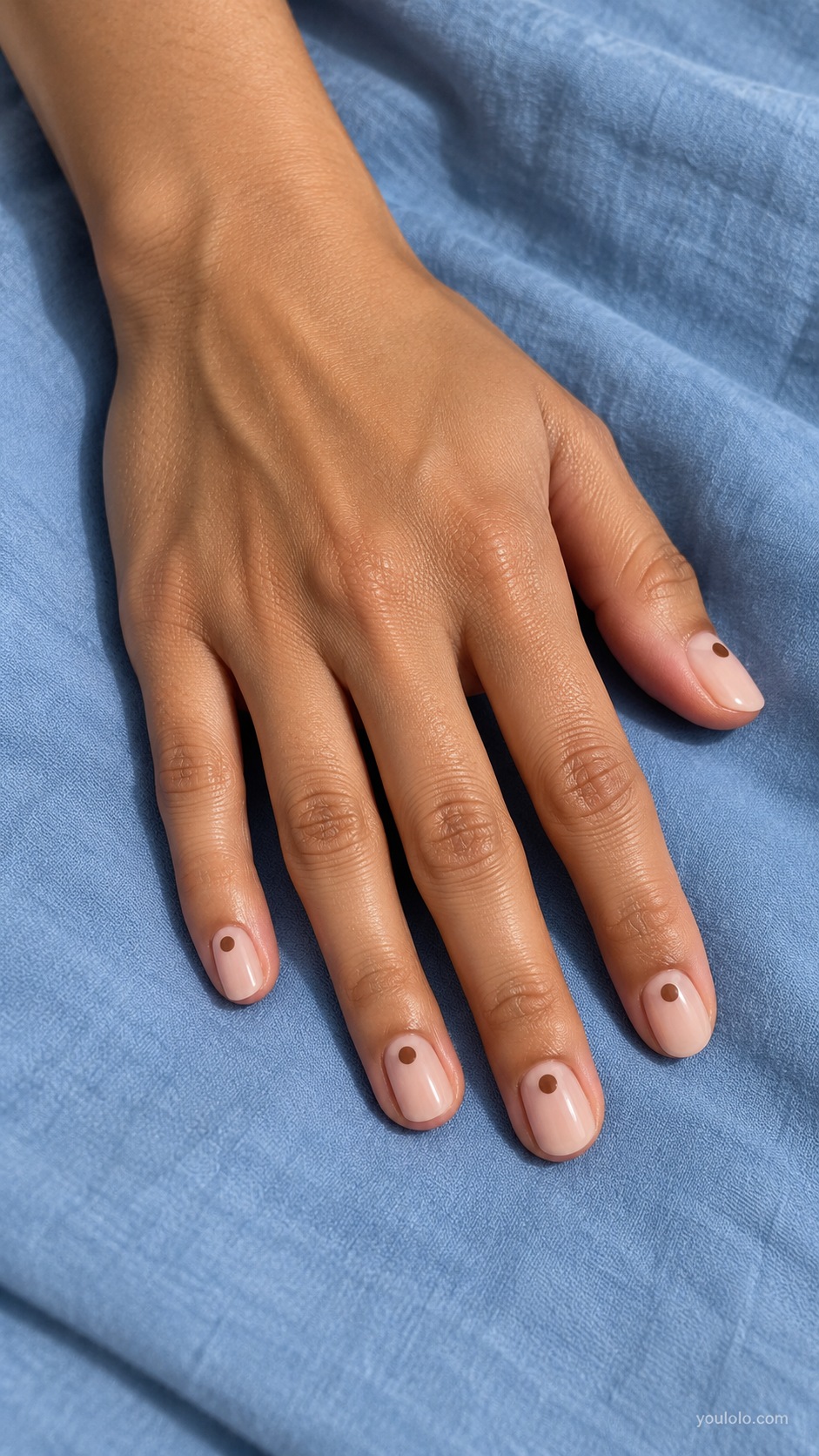 Coffee Single Dot — short round sheer beige nails one medium coffee brown dot centered near base of each nail