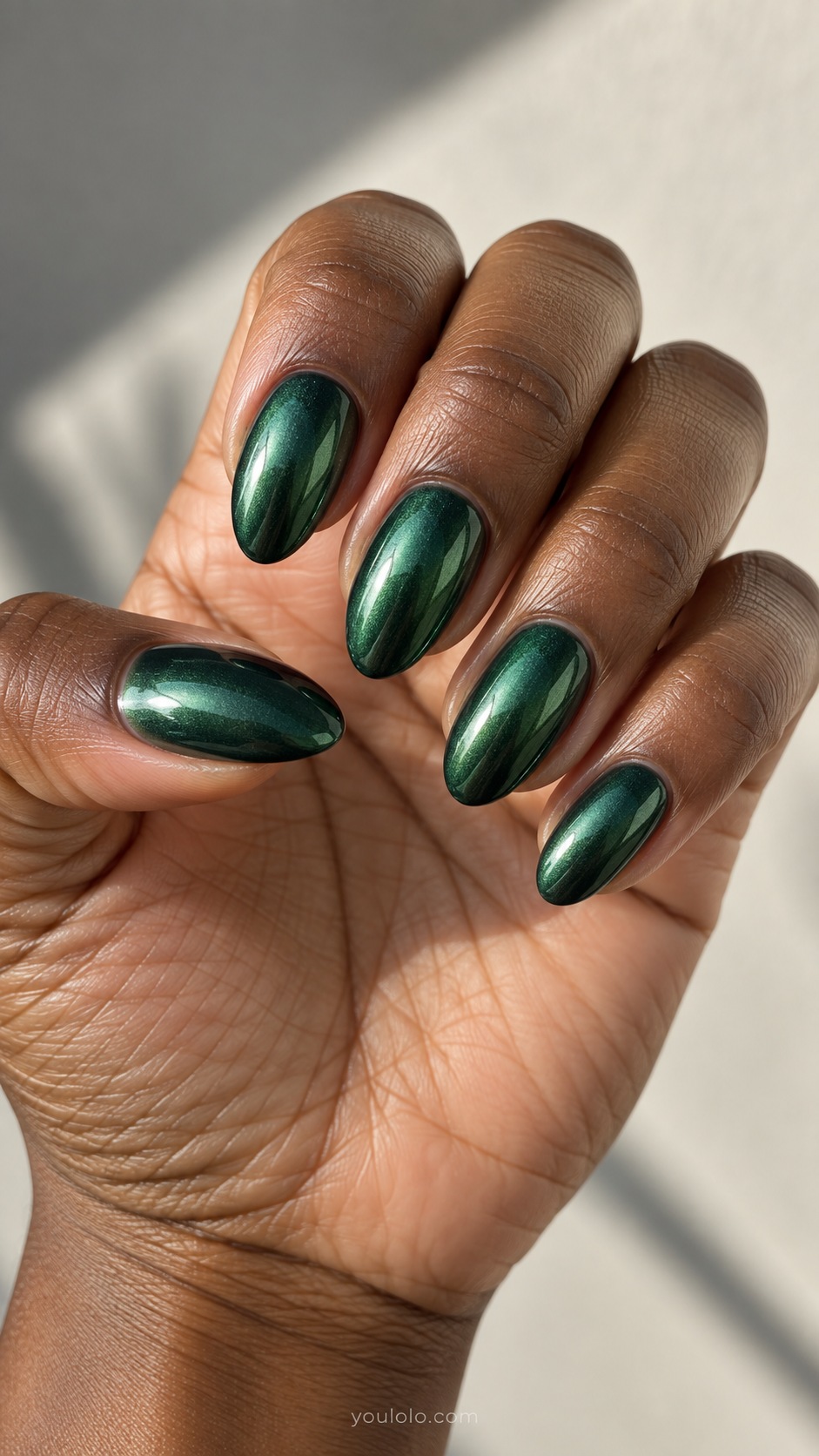 Forest Green Mirror fall chrome nails — deep forest green rich chrome metallic finish, clearly green highlights not black; medium almond nails