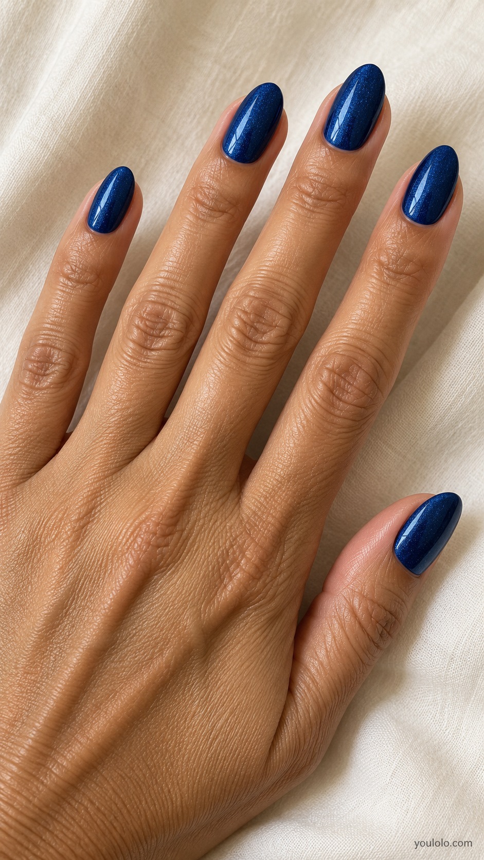 Medium almond nails rich sapphire blue fine subtle shimmer all nails