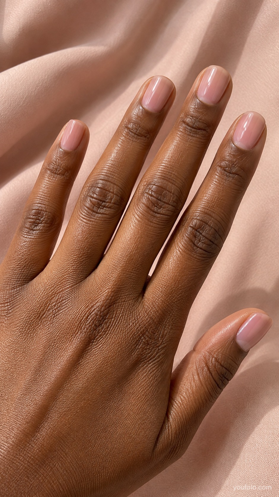 Short squoval nails transparent rosy beige jelly gloss