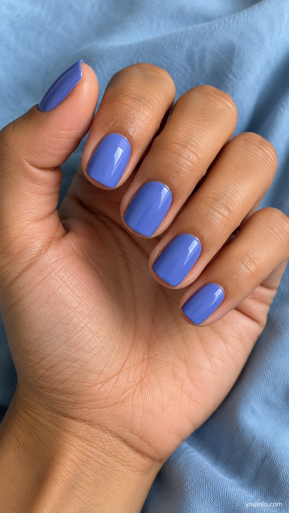 Short squoval nails iris blue violet cream gloss